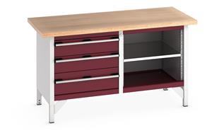 41002166.** Bott Cubio Storage Workbench 1500mm wide x 750mm Deep x 840mm high supplied with a Multiplex (layered beech ply) worktop, 3 x Drawers (1 x 200mm & 2 x 150mm high) and an open section with full depth adjustable mid shelf....